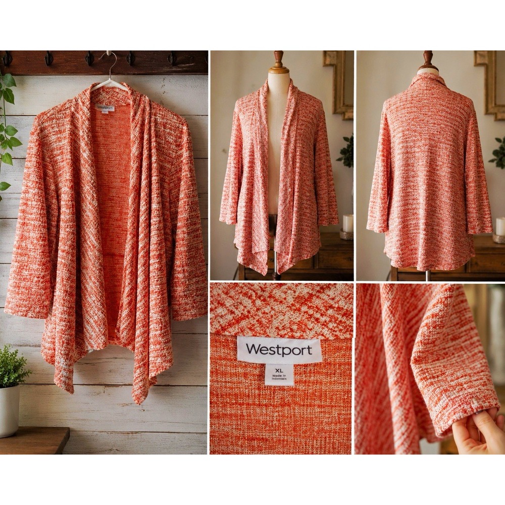 Westport Women's XL Open Front Draped Shawl Collar Knit Cardigan Orange/White